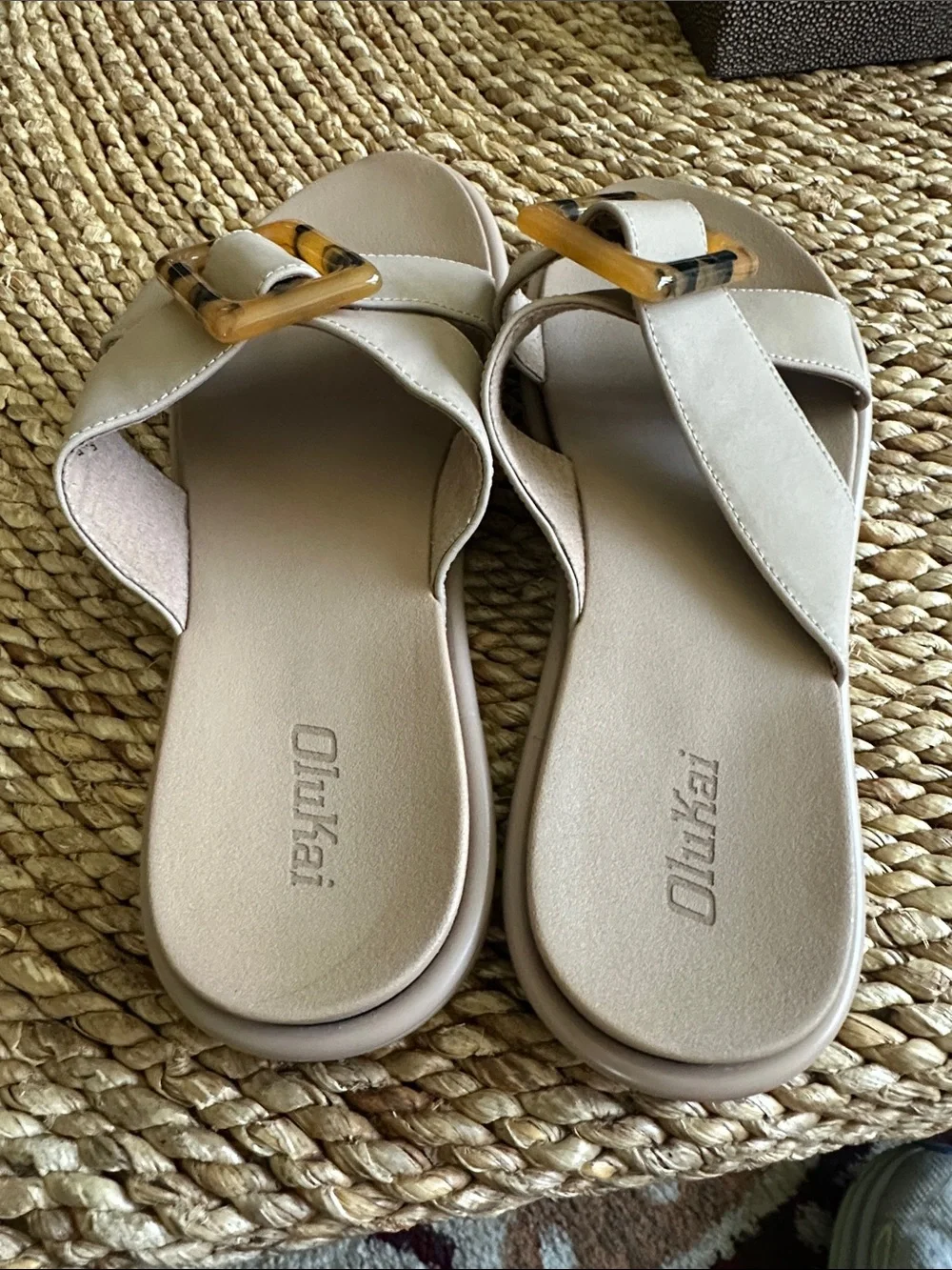OluKai Neutral Beige Slide Sandals with Tortoiseshell Accent